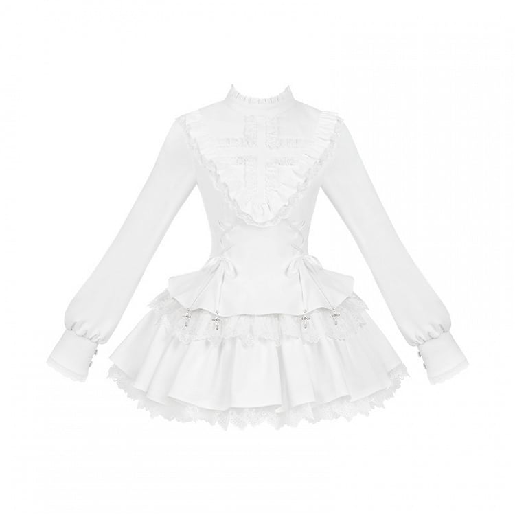 Rüschenträgerkleid Lolita Charm Ausschnitt Weiß Schnürung Kreuz Gothic
