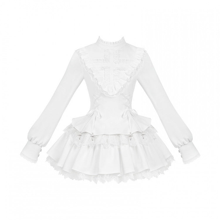 ストラップチャームドレスゴシックホワイトフリルロリータネックラインレースアップクロス