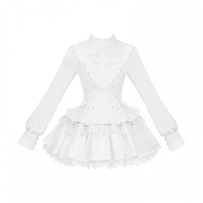 ストラップチャームドレスゴシックホワイトフリルロリータネックラインレースアップクロス