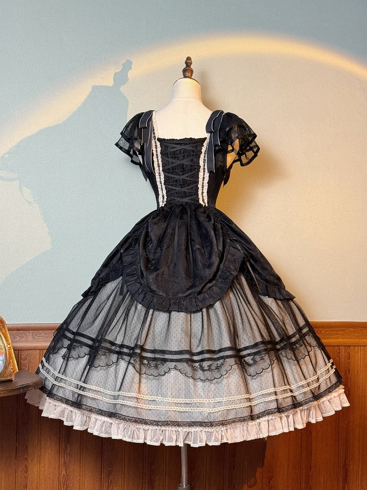 Black Boned Basque Waist Elegant Under Bust Classic Lolita Jumper Skirt