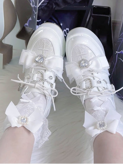 with Heart Bow Cross Mary Embroidery Jirai - Toe Heel Platform Rhinestone Janes Kei White