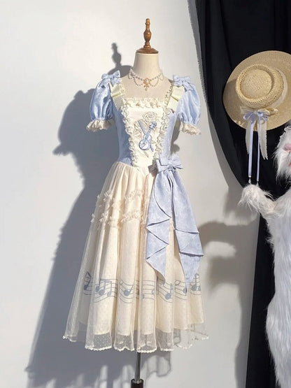 Lolita Blue Note Version Elegant Lace Dress Classic Musical Short Print Beige Violin Embroidery with