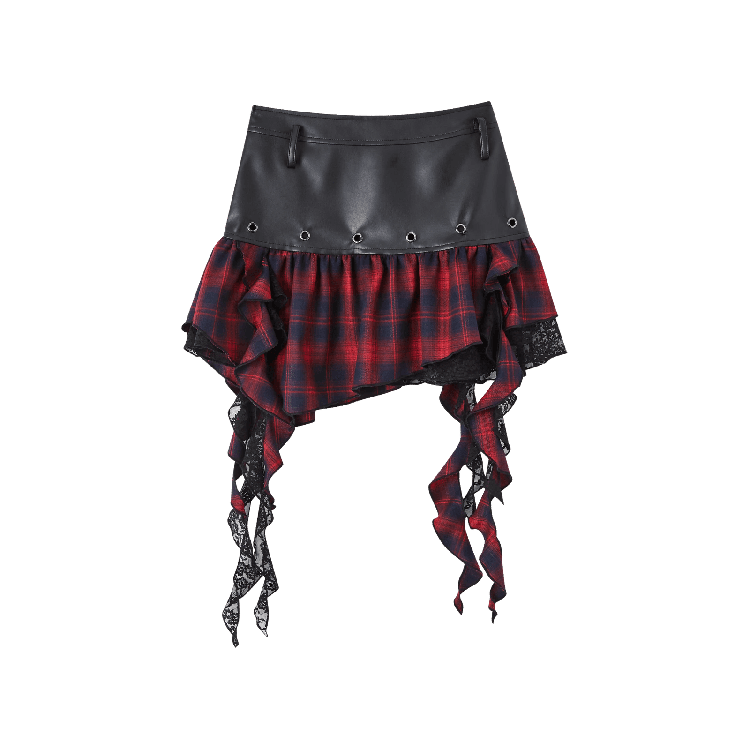 Ruffled Black PU Punk Skirt Hem Y2K Asymmetrical Red Plaid
