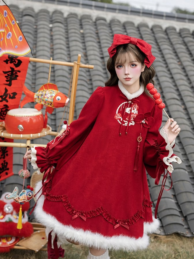 Lolita Plush Neckline Butterfly Orchid and Han White Red with Embroidery Hemline Dress