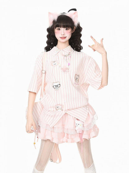 Kawaii Pink Striped Short Sleeve Shirt with Puppy Embroidery - Languid Park