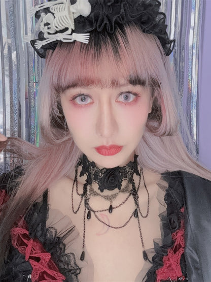 Black Lace Rosette Choker with Triple Layered Chains