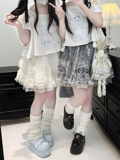 Yami Kawaii Cartoon Print Cutout Shoulder White Jirai Kei T-shirt