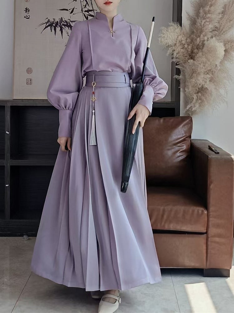 Light with Balloon Sleeve in Functional Purple Chinese Style Snap Fastening Blouse Frog Decorative Cuffs