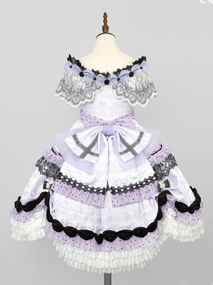 KC Wrist Cuffs Lolita Full Shoulder Choker Veil Set + Dress Mini Off Hime Purple Hat