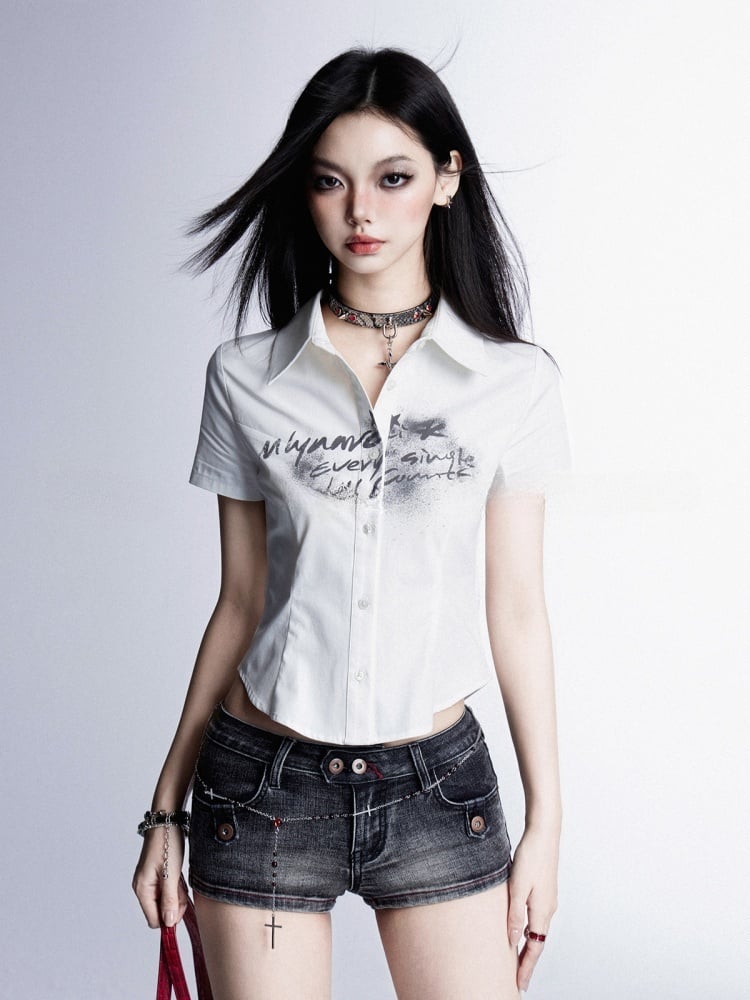 ホワイトレタープリント スリムフィットシャツ