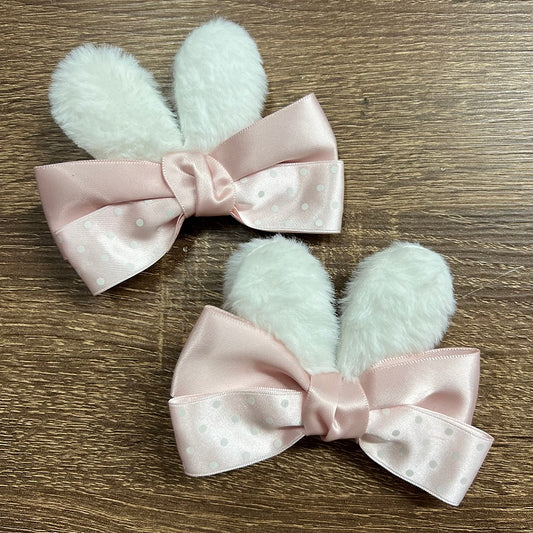 Hairclip Ears Polka with Plush Pink Bowknot White Bunny Dot