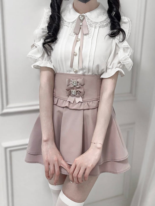 Jirai Peter with Shoulder Collar Bow Kei Blouse Tie Pan Cutout Trim White Lace