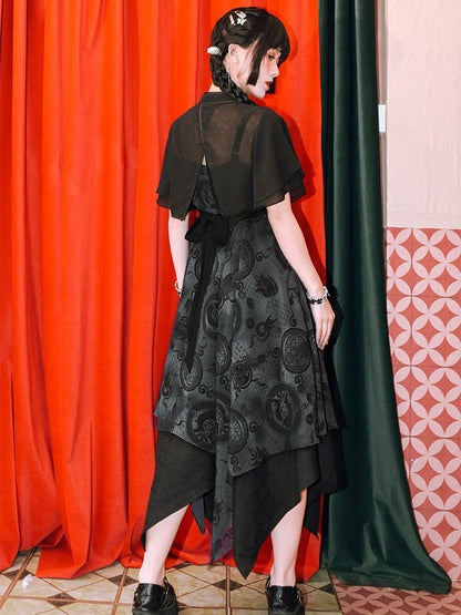 Gothic Black Asymmetric Hem Cami Dress with Dark Chinese Print - Quirky Hut
