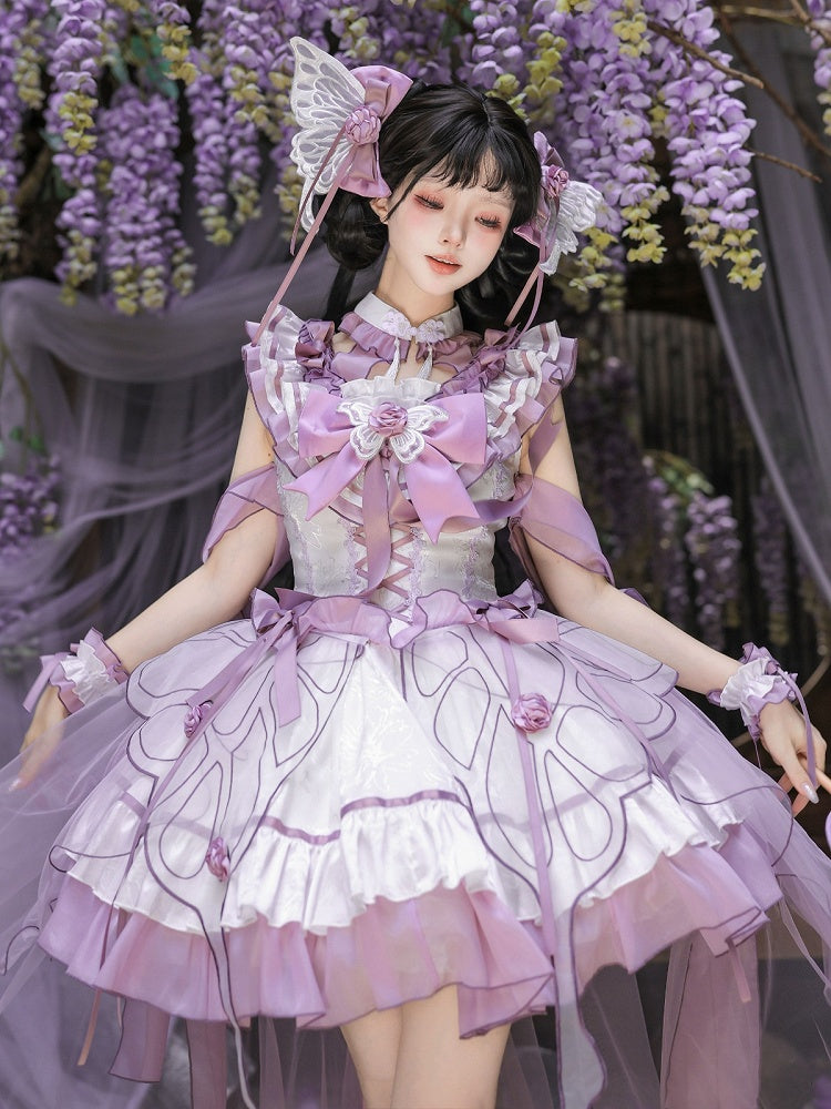 Butterfly Lolita Dress Set with Headpiece and Wrist Cuffs - KIYANA