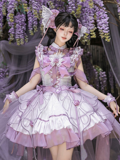 Butterfly Lolita Dress Set with Headpiece and Wrist Cuffs - KIYANA