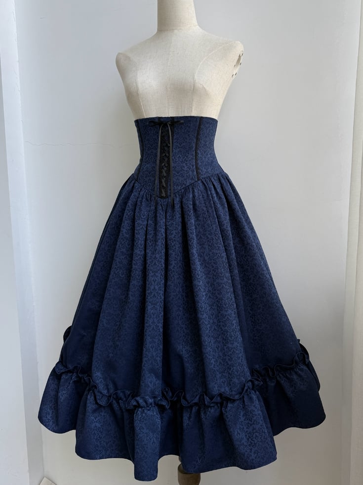 Boned Dark Lolita Bust Gothic High Skirt Blue Drawstring Waist Under