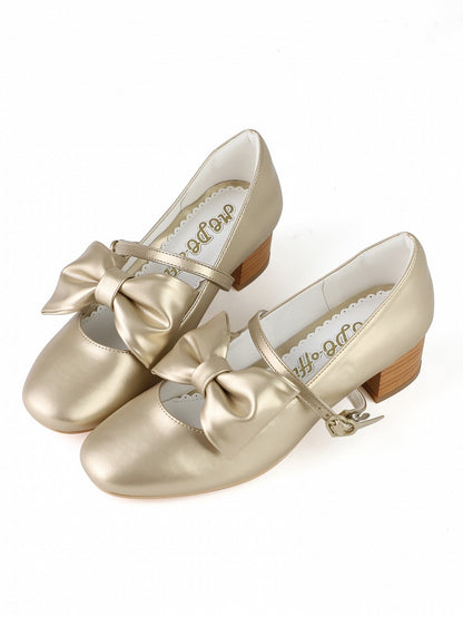 Golden Mid-heel Janes Top Mary at with Buckle - Bow Heart