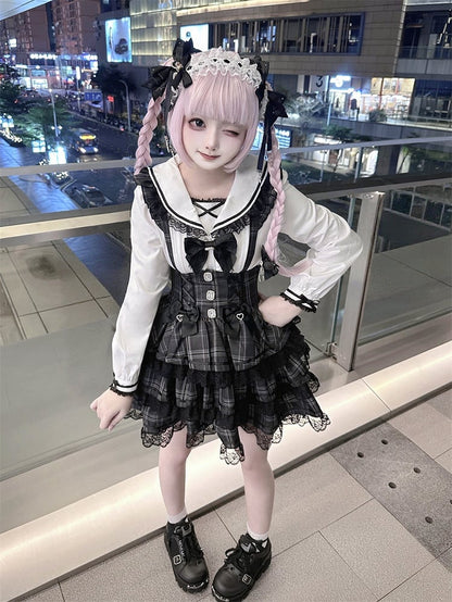 Plaid Flutter Landmine Tiered Skirt with Style Sleeves Suspender Gray Vintage