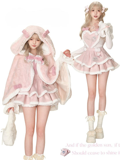 and Overall Panel Embroidered Pink Bunny with Sweet Skirt Fluffy Heart Tiered Front