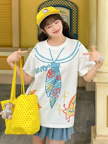 ホワイト ラウンドネック セーラーカラー プリント ゆったり かわいい Tシャツ