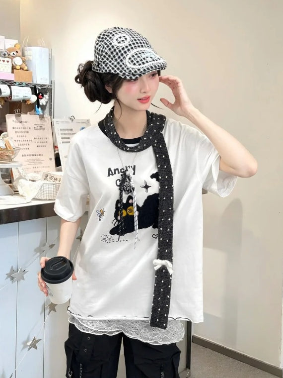 ホワイト/ベージュ 猫柄 レタス裾Tシャツ