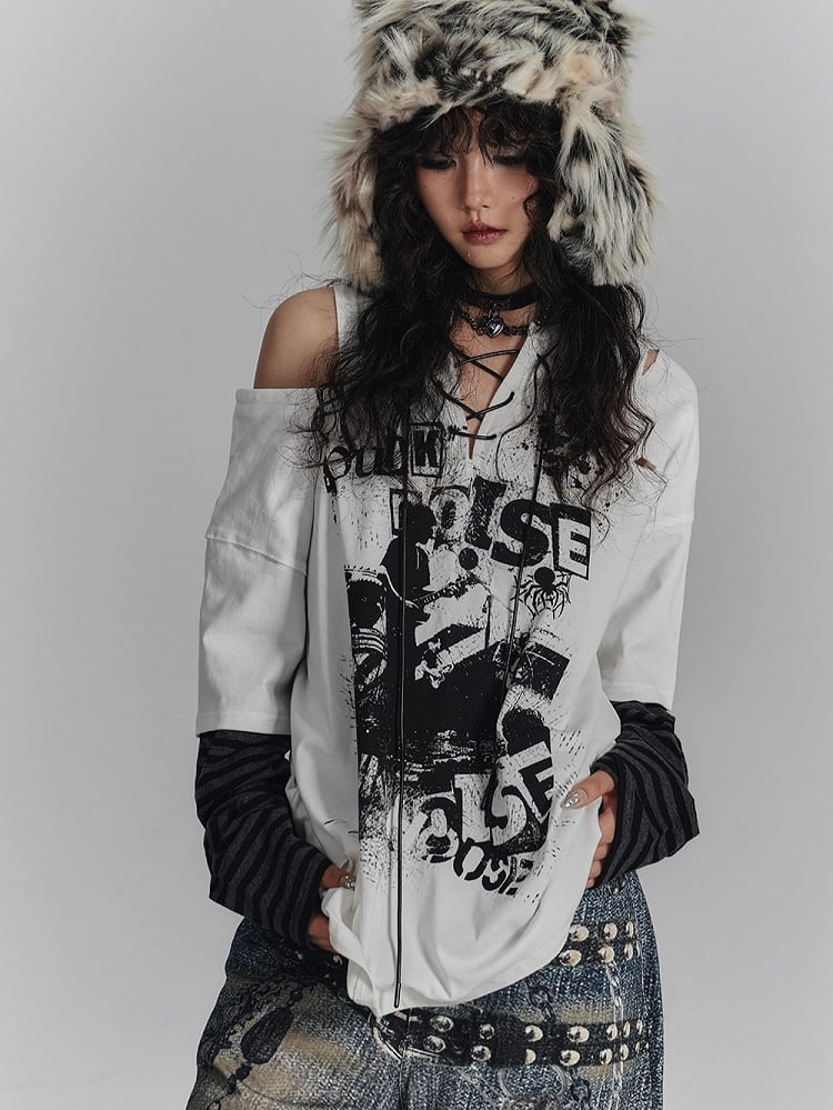 Graffiti Crossed White Shoulder Cut-Out Sleeve with V-Neck Punk Ties Striped Tee