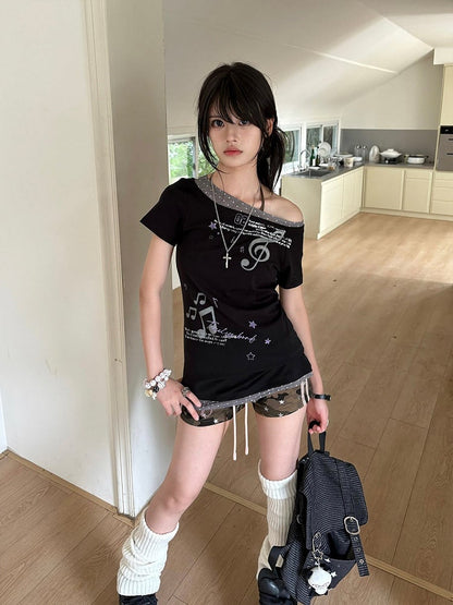 Two-Piece Asymmetrical Fake Shoulders with Dot T-Shirt Polka Black