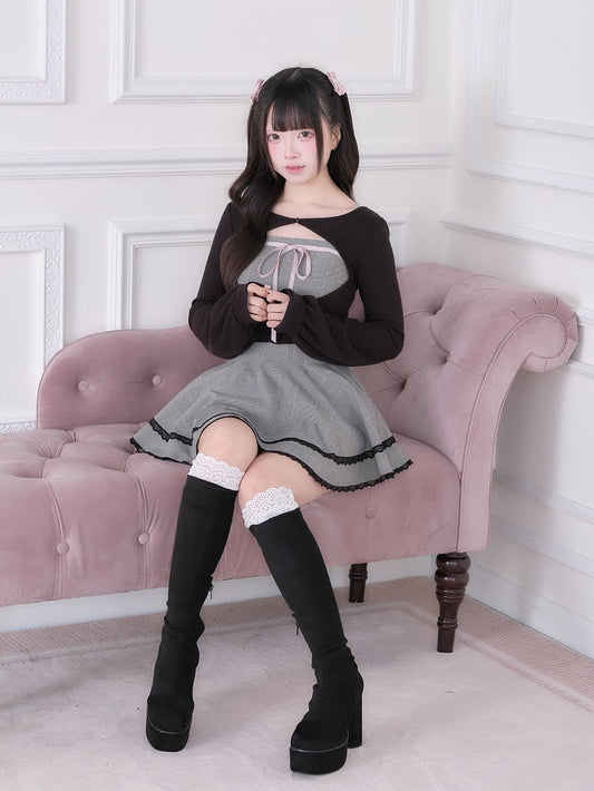 Jirai Kei Black & Gray Three-Piece Set - Knit Cardigan, Plaid Dress & Shorts