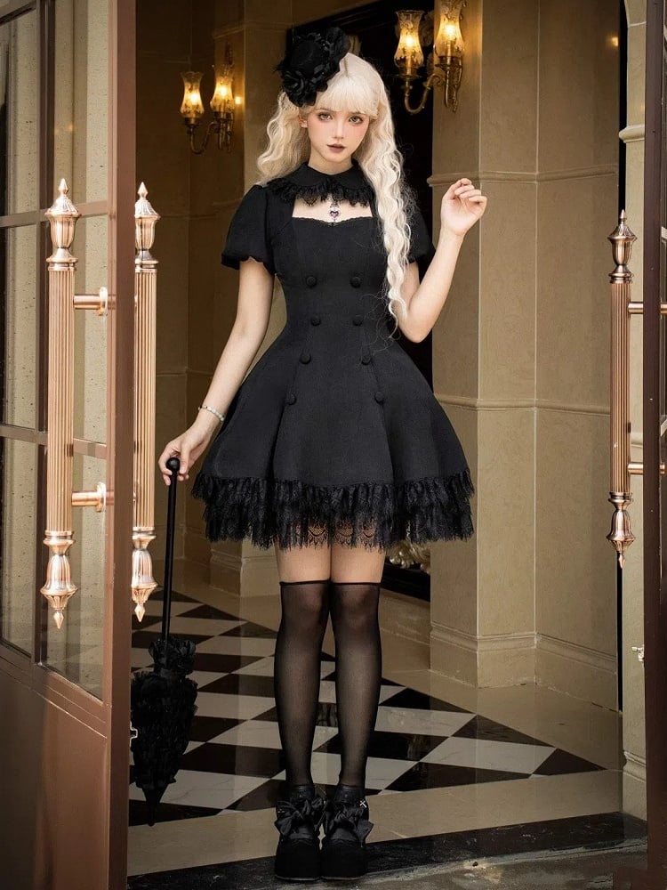Black Cutout Neckline Short Puff Sleeves Lace Hemline Gothic Lolita Dress