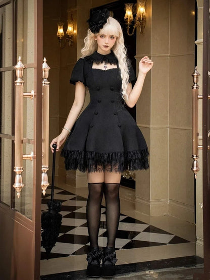 Black Cutout Neckline Short Puff Sleeves Lace Hemline Gothic Lolita Dress