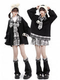 Panda Toy Sweatshirt Black Splicing Plush Plaid with
