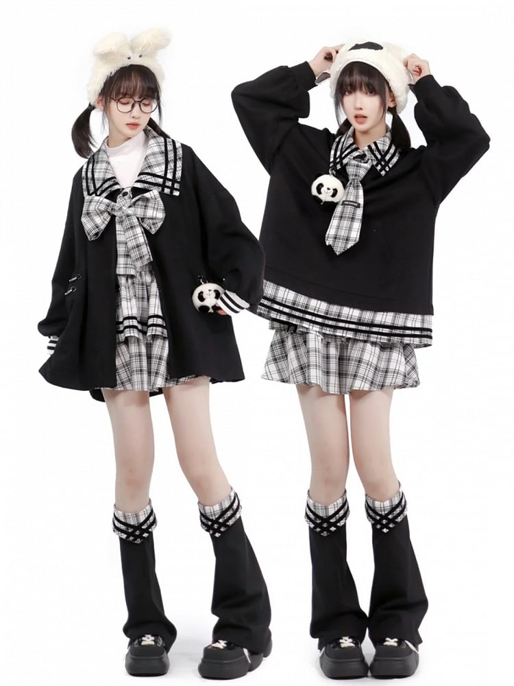 Panda Toy Sweatshirt Black Splicing Plush Plaid with
