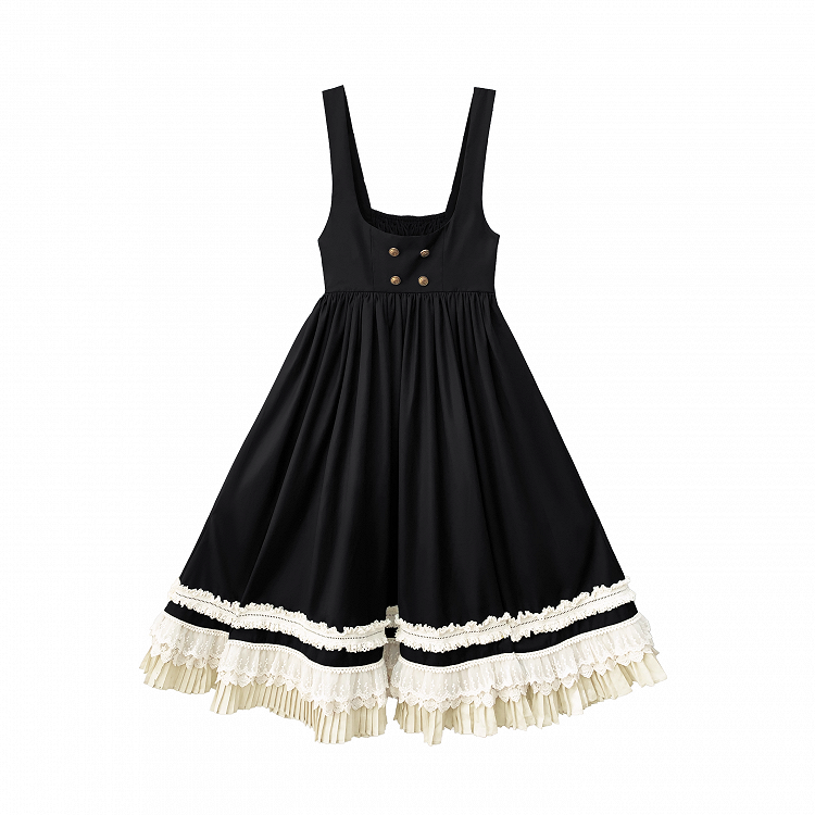 Schwarzes Overallkleid im Preppy-Stil mit hoher Taille und beigem Spitzenbesatz