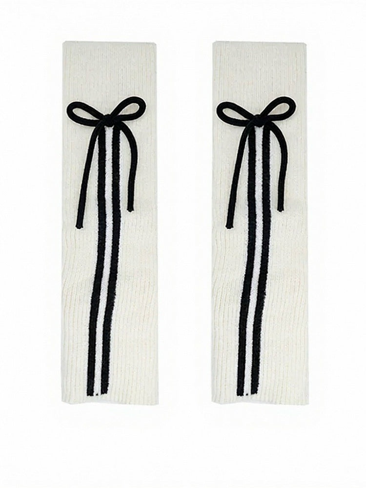 Ribbed Leg Warmers with Stripe and Bow Decor - ModaSwings