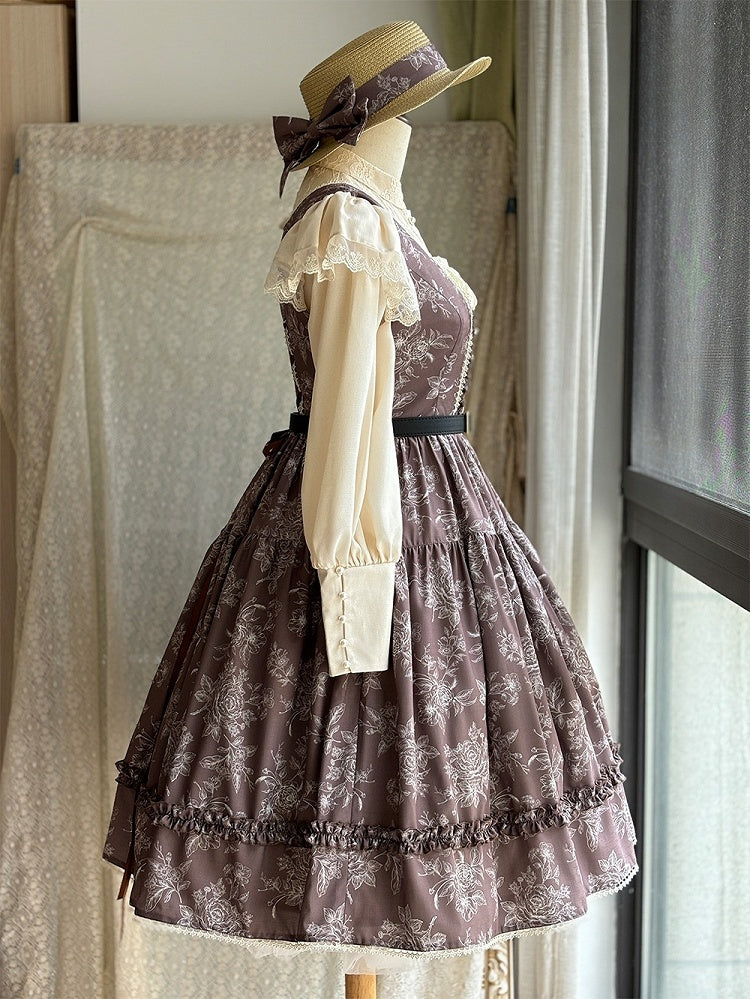 Brown & White Rosette Print Elegant Classic Lolita JSK Dress with Lace Trim