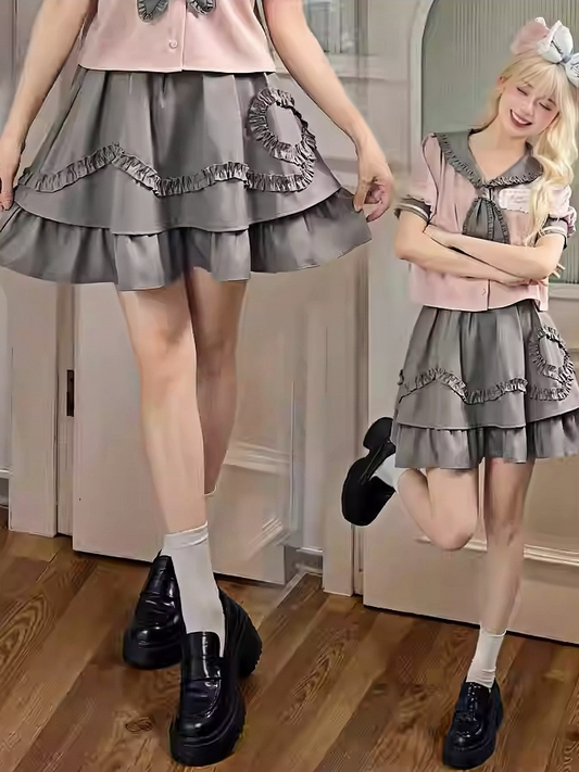Grauer, gerüschter, doppellagiger A-Linien-Rock im Preppy-Stil