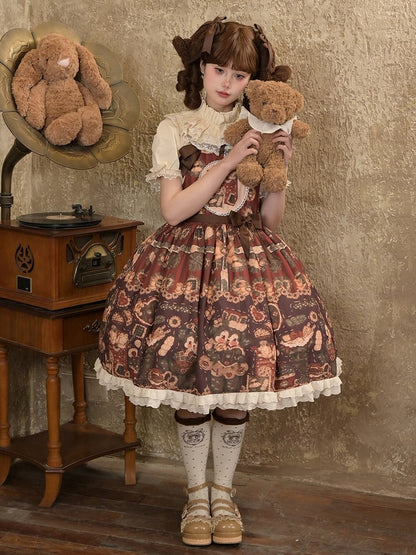 Brown Sweet Reddish Cookies and Overall Dress Print Puppy Furry Lolita