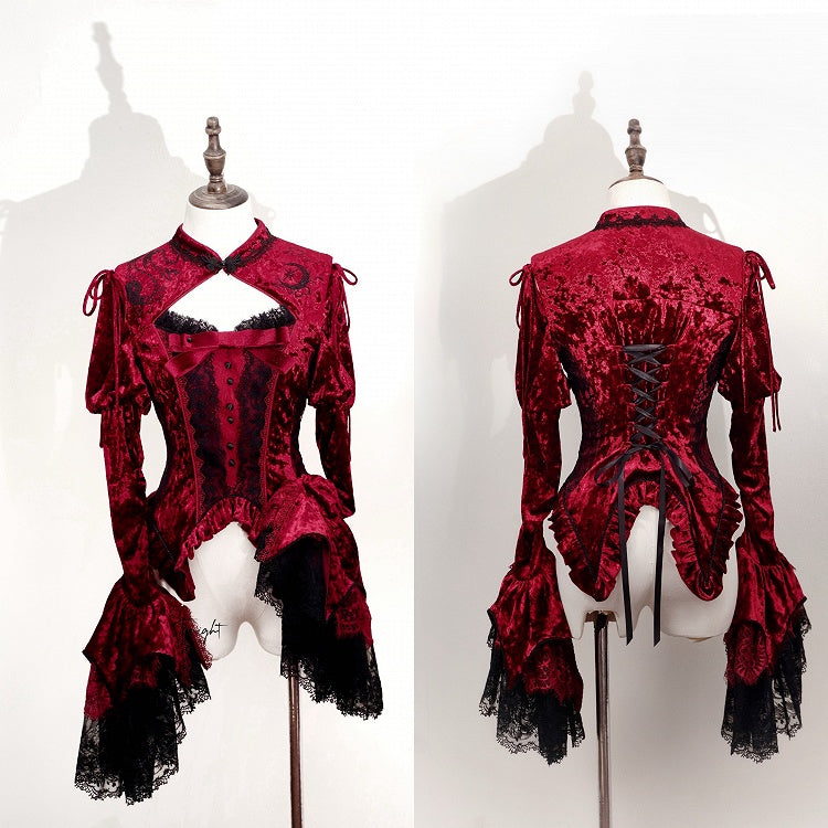 Rotes, abnehmbares Samtoberteil mit langen Glockenärmeln und Schlangenknochenmuster