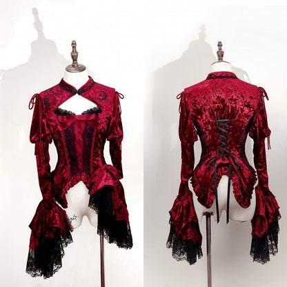 Rotes, abnehmbares Samtoberteil mit langen Glockenärmeln und Schlangenknochenmuster