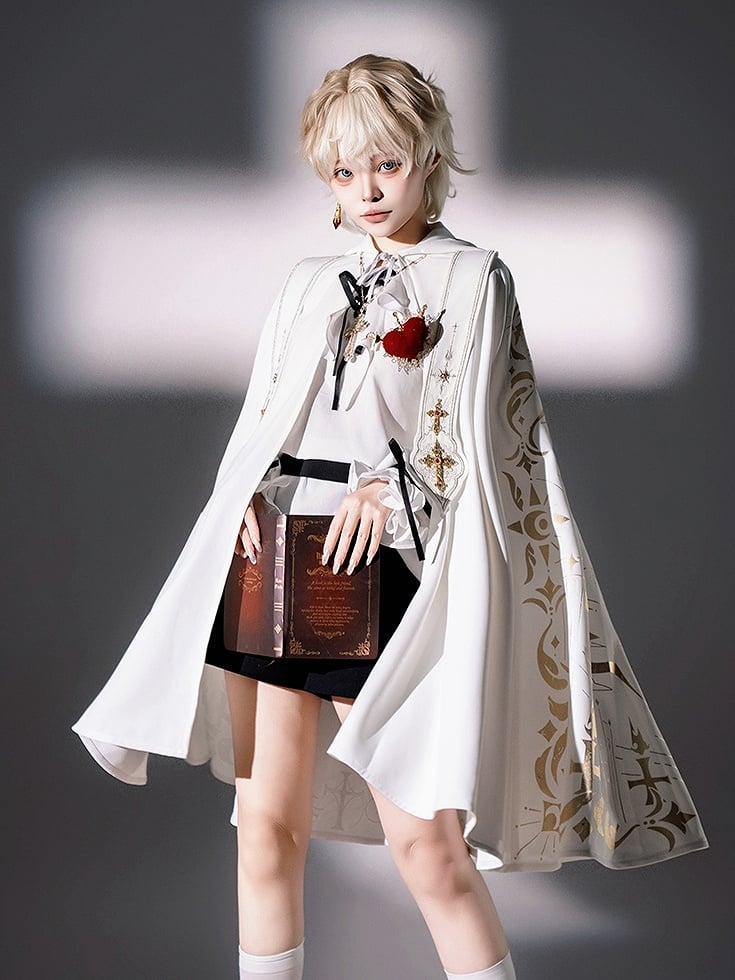 Hemd + Stolen Shorts Set Fashion Lolita Ouji Kapuzenumhang Nun Volle lange weiße Ärmel - Schwarz