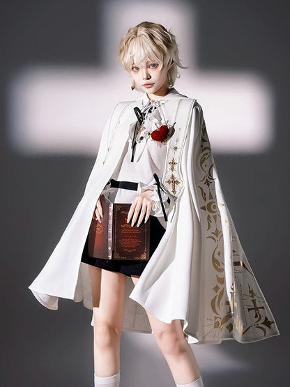 Shirt + Stoles Shorts Set Fashion Lolita Ouji Hooded Cape Nun Full Long White Sleeves - Black