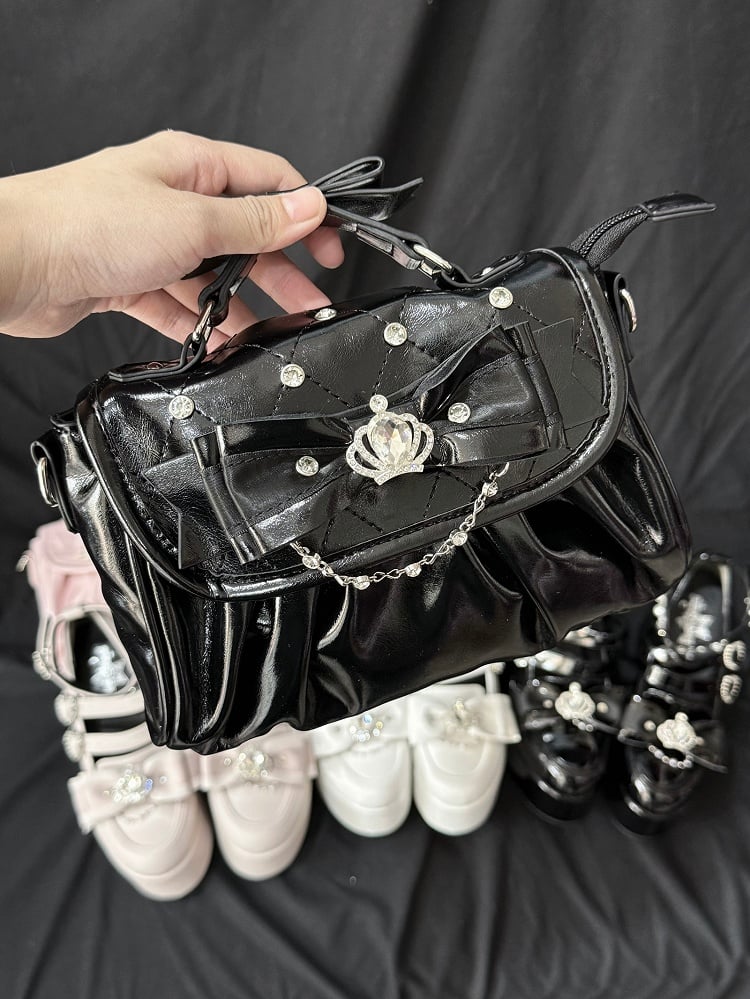 Bag Black with Bow Rhinestone - Jirai Crossbody Kei Interchangeable Crown Strap Heart