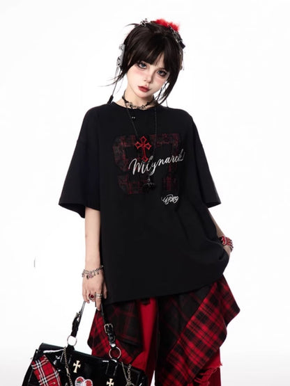 Print Letter and Black Round Neck T-shirt Oversize Number