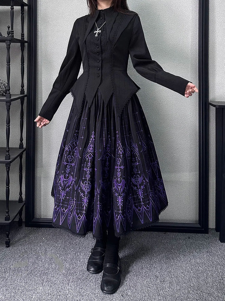 Schwarzer Gothic Lolita Cathedral Glasrock Stickerei Lila
