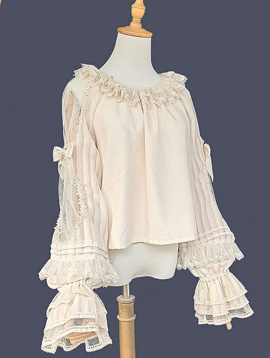 and Neck Blouse Round with Sleeves Lace Trim Semi-sheer Lolita Ruffled Apricot