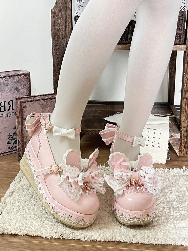 Pink Bowknot Heart Lace Trim Lolita Shoes with Rabbit Detail - Cheese Mango