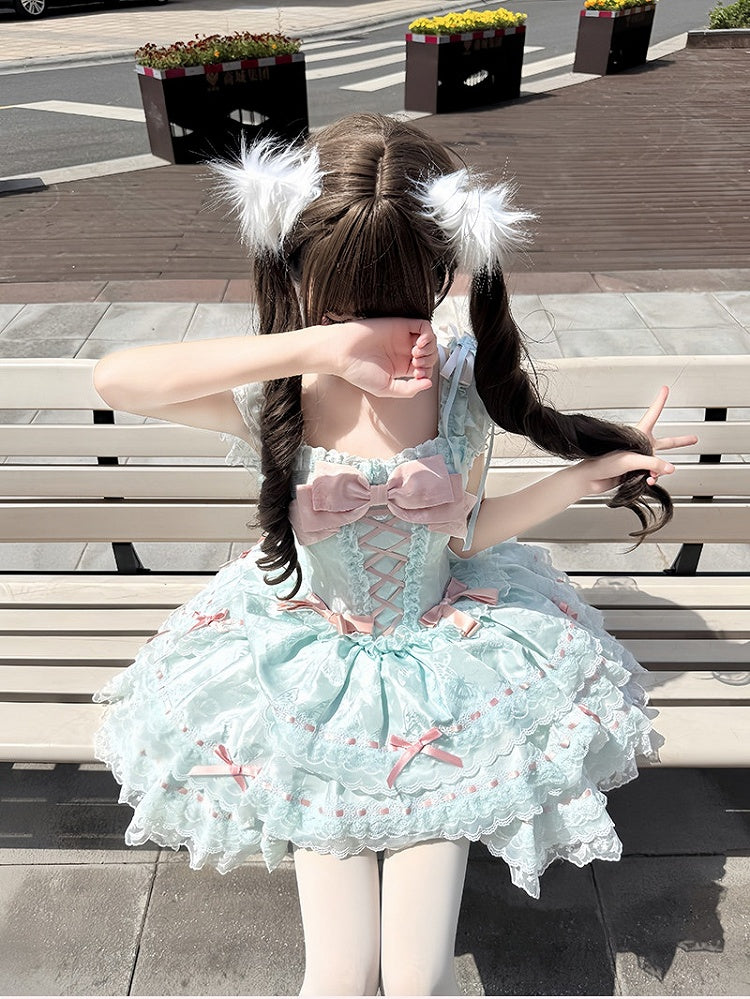 Lace Jacquard with Green Dress Princess Bow Lolita Details Multi-Layered