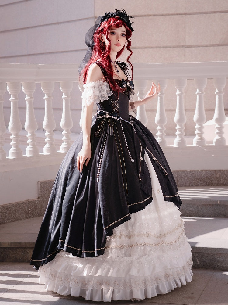 Black and White Gorgeous Train Dress Lolita Jumper Skirt