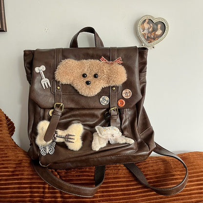 Preppy Brown | Backpack Puppy Vintage Flap with Plush Style Fold-Over Y2K