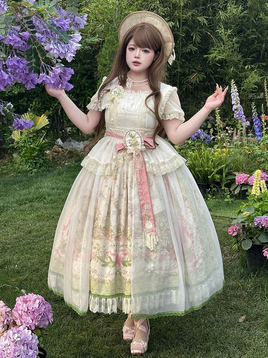 スカートウエスト+花柄サイズ伸縮性プリントクラシックスクエアネックラインプラス利用可能なロリータセットエレガントなブラウス